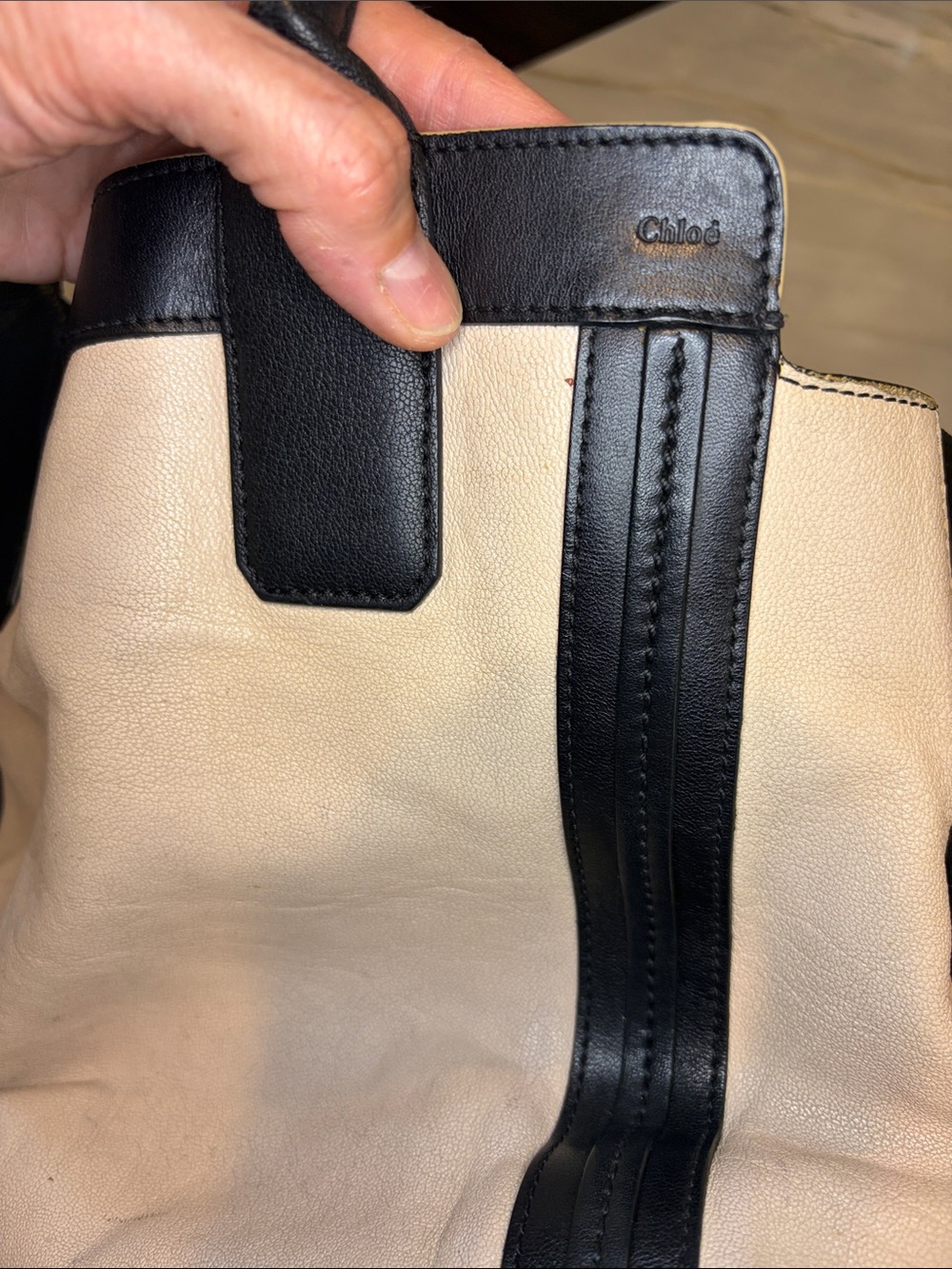 Chloe Cream and Black Colorblock Top Handle Leather Tote - Picture 6 of 15